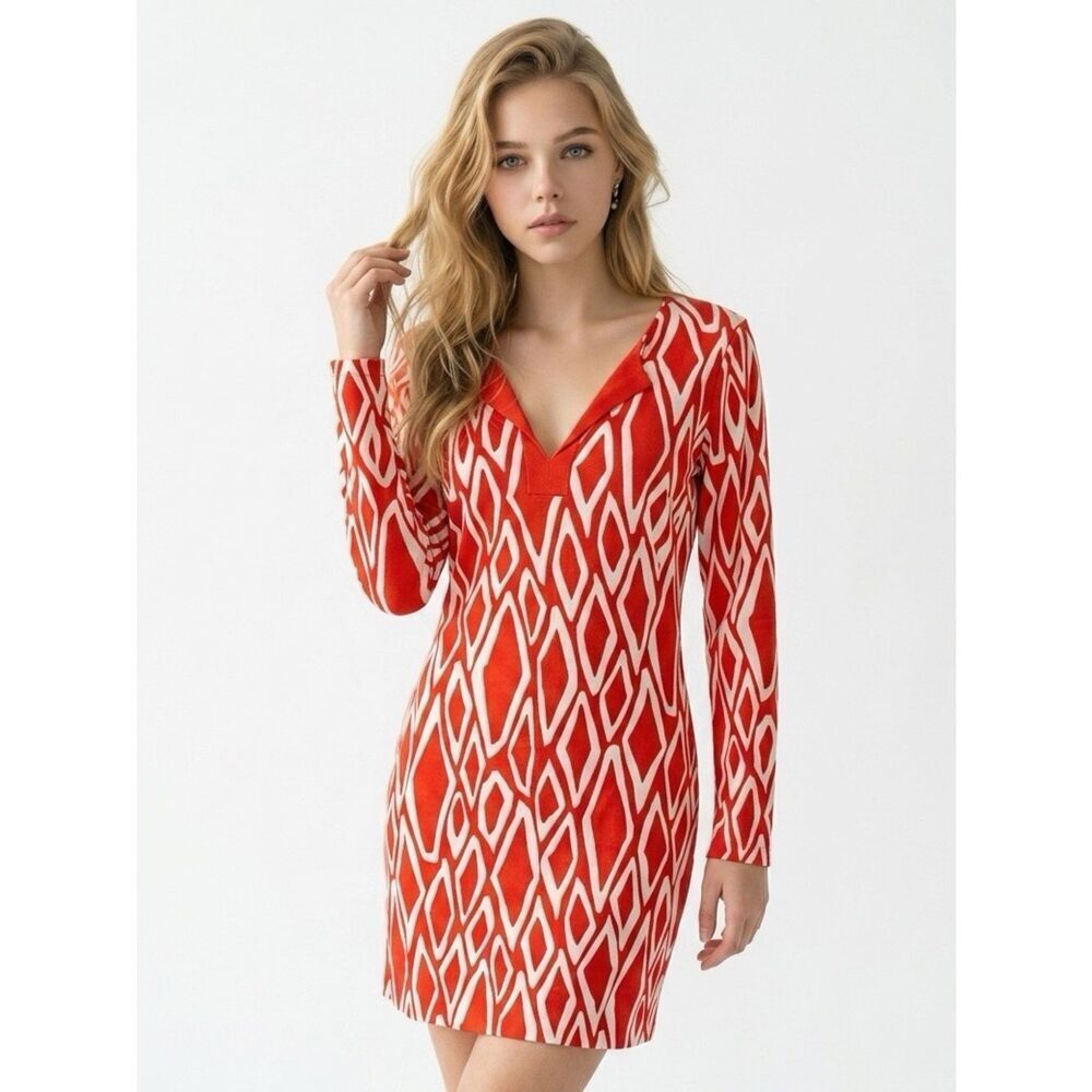 Diane Von Furstenberg Red and White Geometric V‑Neck Long Sleeve Dress (rack14)